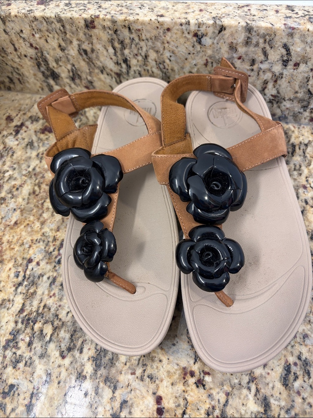Fitflop Tan Sandal with Black Floral Appliqués size 7